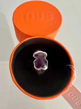 TOUS Silver and Amethyst Bear Signet Bold Motif Ring
